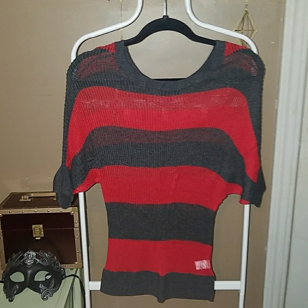 Takeout Red and Grey Woven Sweater Top